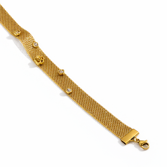 Brazalete Rose Dorado de Malla Ancha con Rosetas y Cristales
