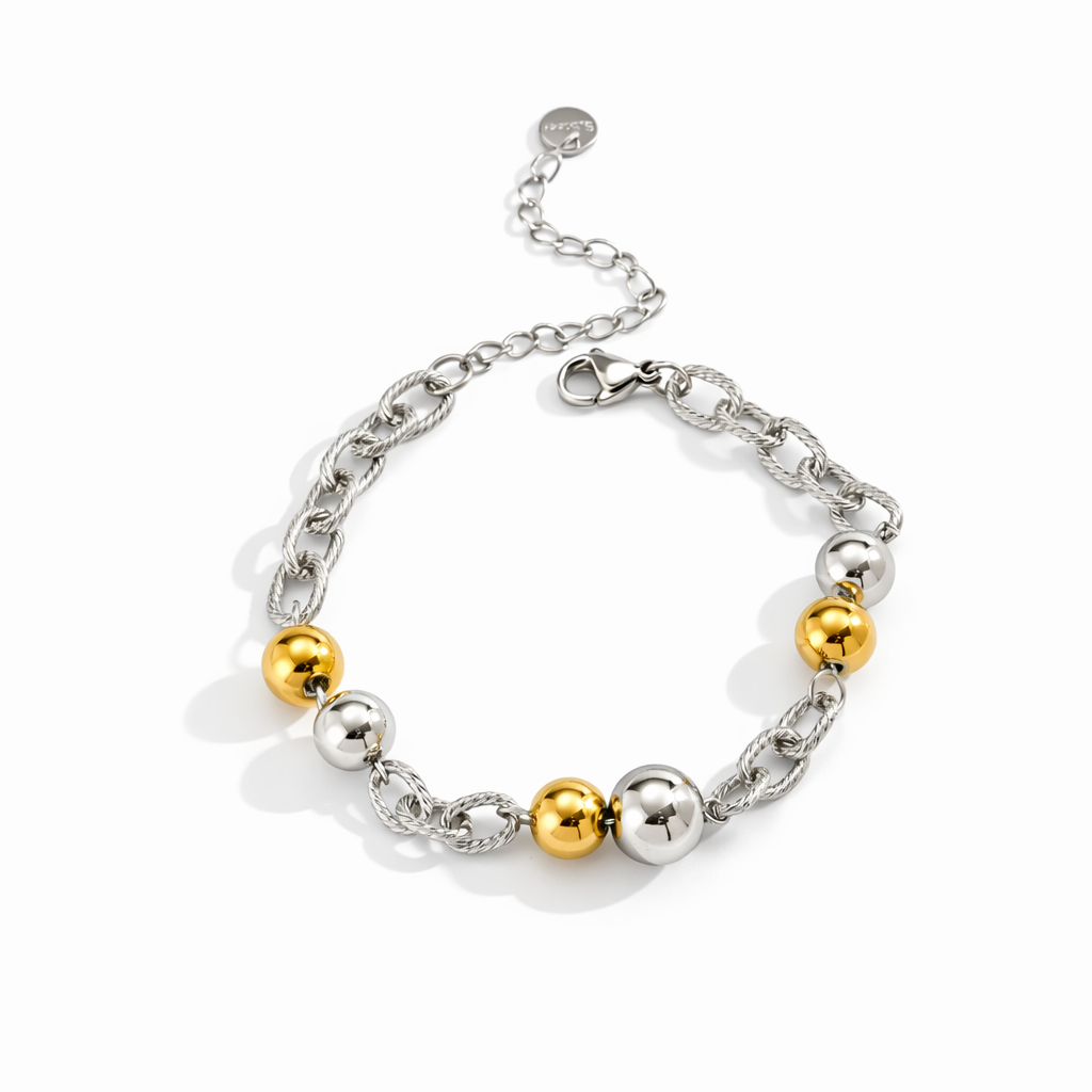 Brazalete Apolo Plateado de Eslabones Tipo Cuerda con Detalles Dorados