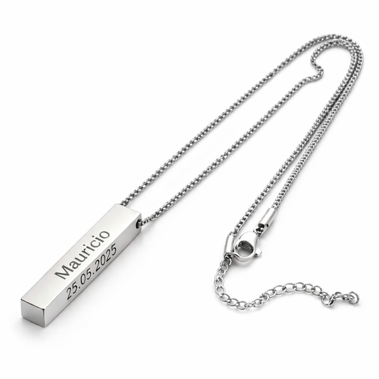 Collar Plateado Para Caballero Con Láser Placa Rectangular Acero 316L