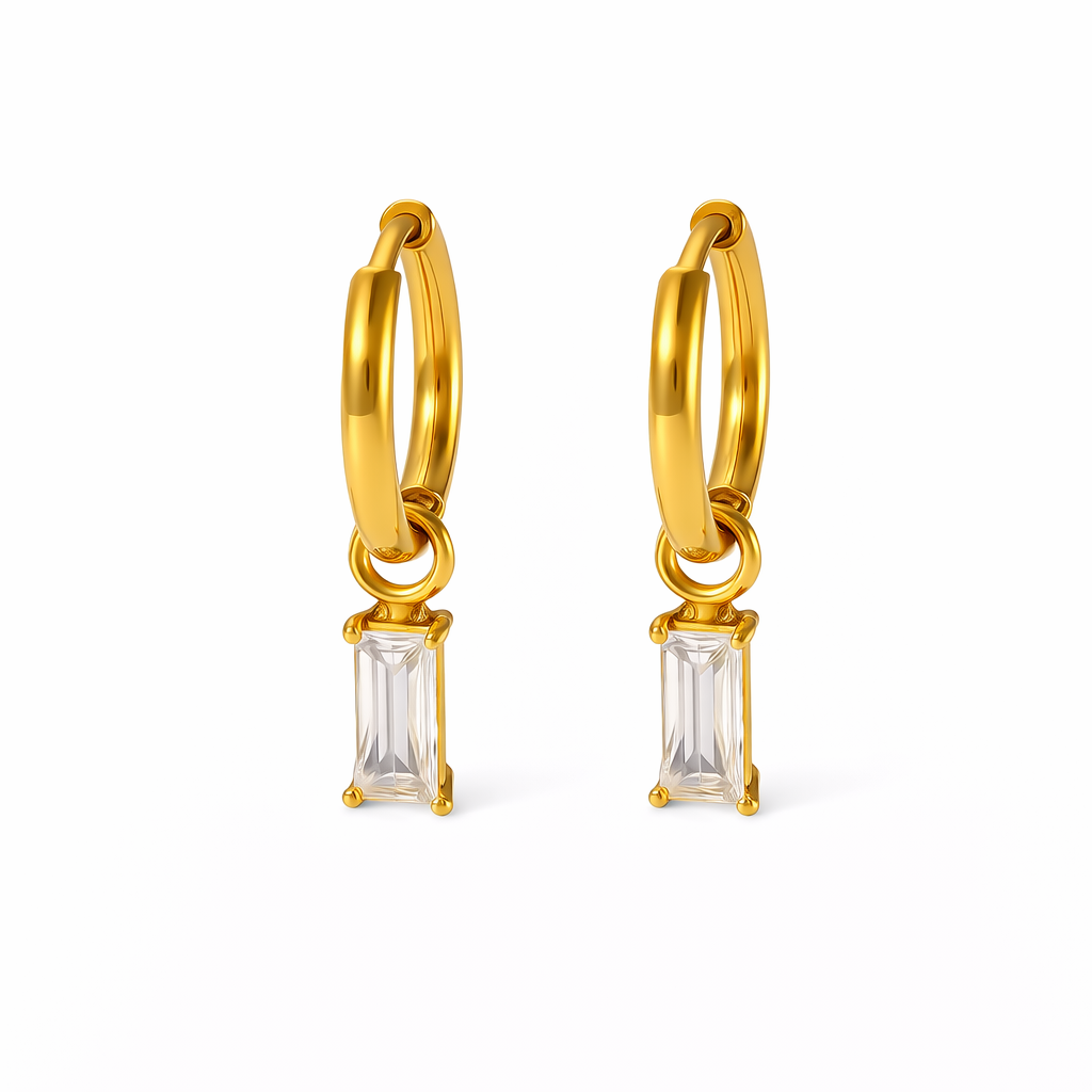 Aretes Rectangulares Mini Huggie – Diseño Minimalista con Cristal Baguette en Acero de Titanio