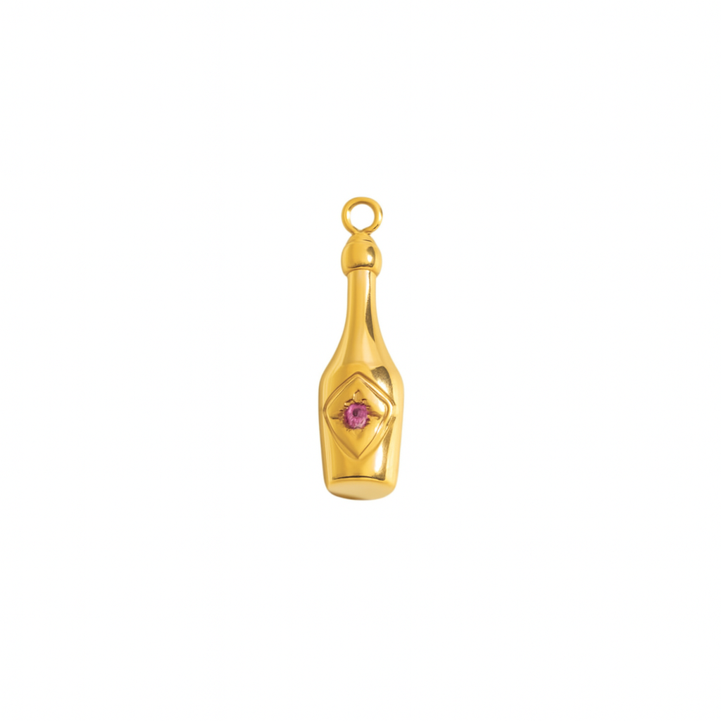 Charm Botella de Vino Dorada con Perla Rosada – Acero de Titanio para Personalizar Joyería
