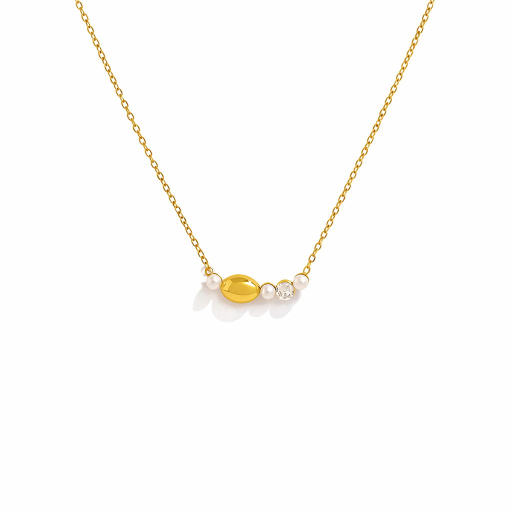 Collar Isa Dorado con Dije Ovalado Espejo, Perlas y Cristal