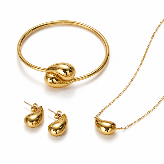 Set Gota Dorado en Acero 316L | Collar, Aretes y Brazalete