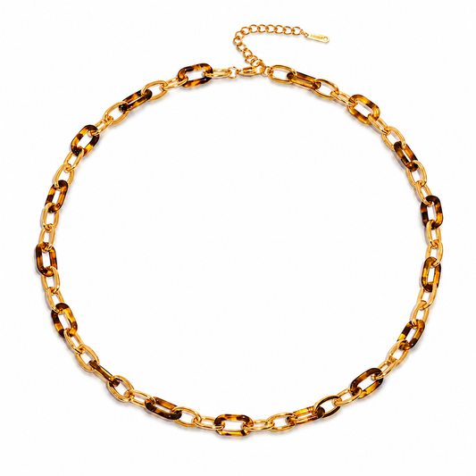 Collar Eterna con Eslabones Ámbar y Carey en Acero Inoxidable 316L