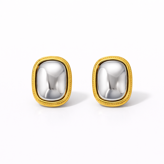 Aretes Cuadrados Medianos – Diseño Bicolor Moderno con Marco Dorado y Centro Plateado Espejo