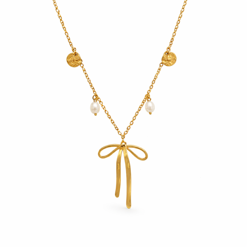 Collar Lacito Charm Dorado con Perlas Acero 316L