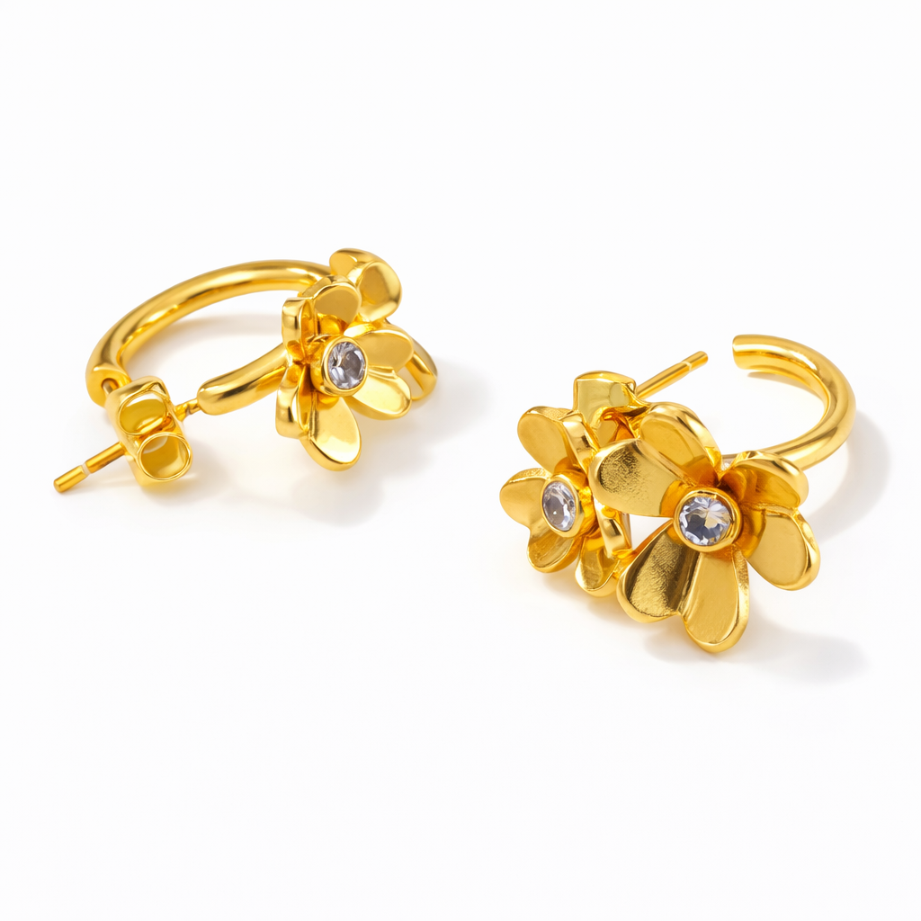 Argollas Gardenia Doradas con Zirconias Acero 316L