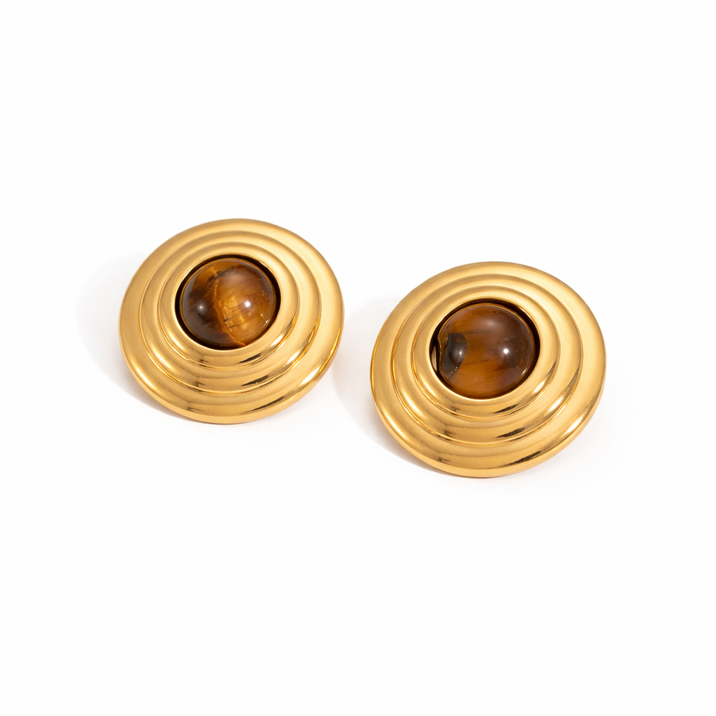 Aretes Emily Grandes – Diseño Circular Atemporal con Piedra Natural Ojo de Tigre en Acero de Titanio