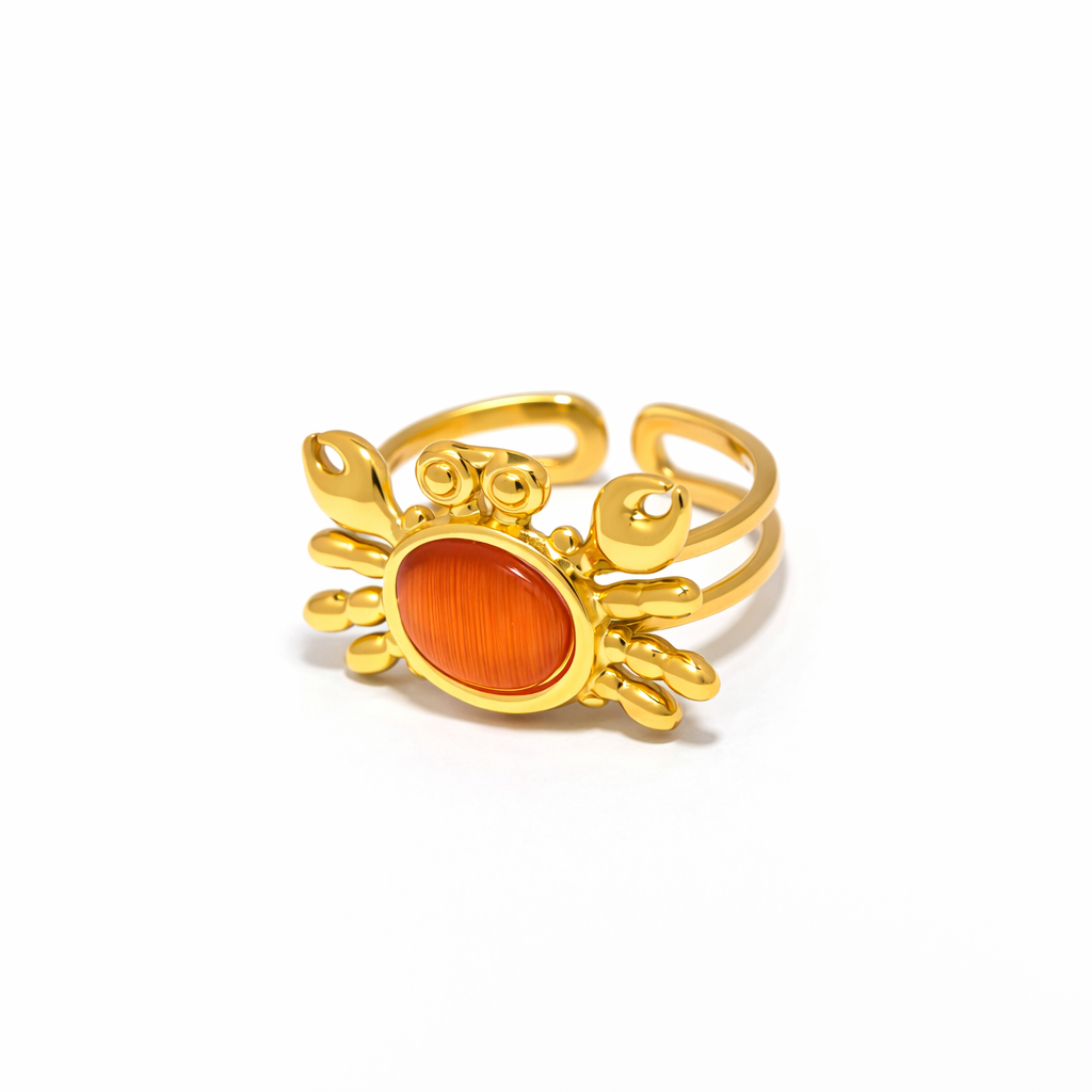 Anillo Cangrejo Coral – en Acero de Titanio Dorado Ajustable