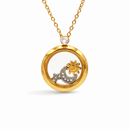 Collar Celestial Dorado Bicolor con Sol, Luna y Estrella