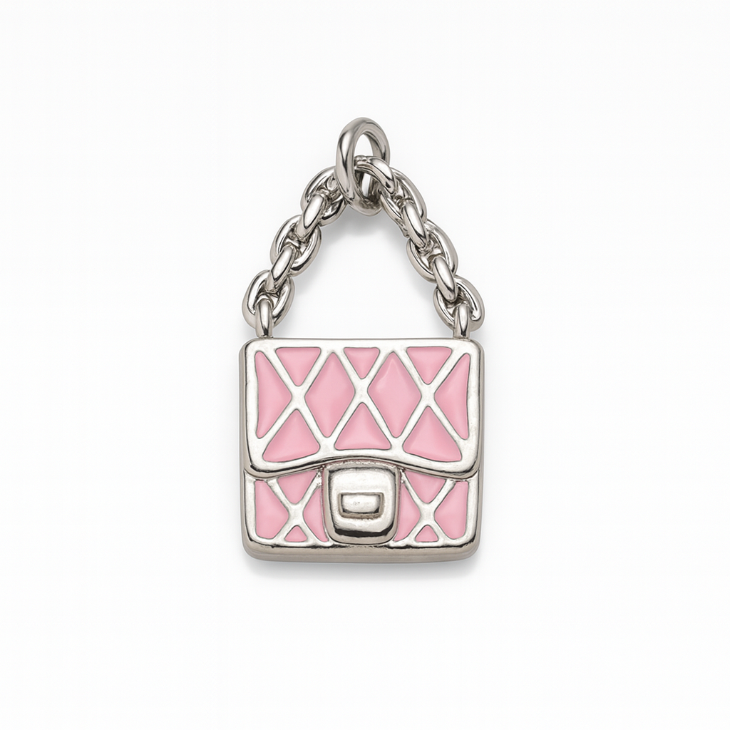 Charm Bolso Rosa – Diseño en Titanio Plateado con Esmalte Rosa y Acabado Brillante