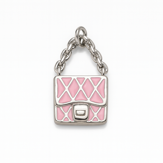 Charm Bolso Rosa – Diseño en Titanio Plateado con Esmalte Rosa y Acabado Brillante