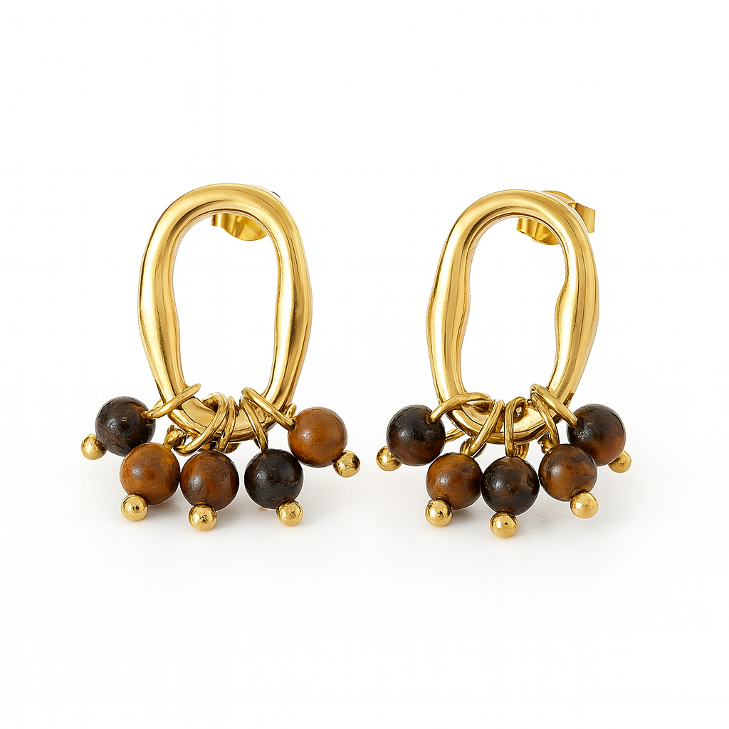 Aretes Patricia – Diseño Orgánico en Titanio Dorado con Piedras Naturales en Tonos Tierra