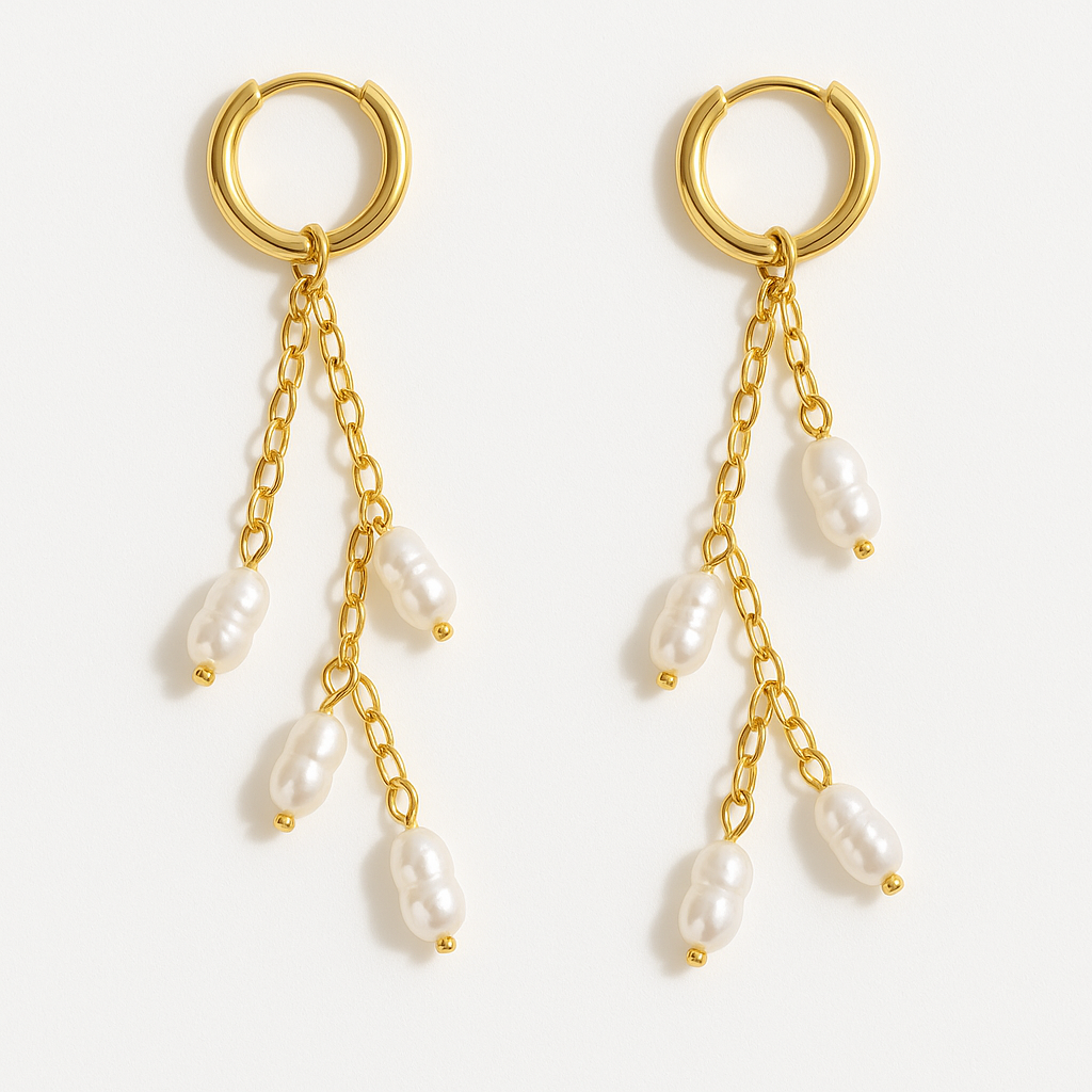 Aretes Bali – Diseño Dorado en Titanio con Cadenas Finas y Perlas Naturales