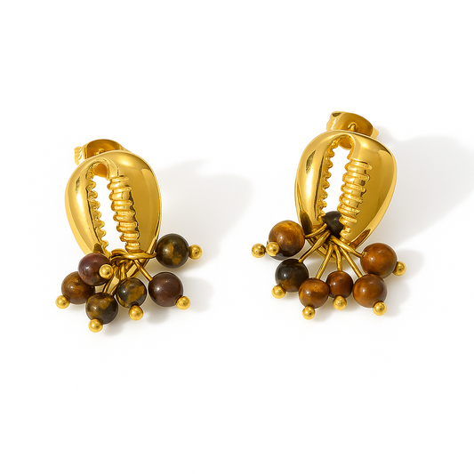 Aretes Costa Brava – Diseño Escultórico en Titanio Dorado con Piedras Naturales en Tonos Marrones y Ámbar