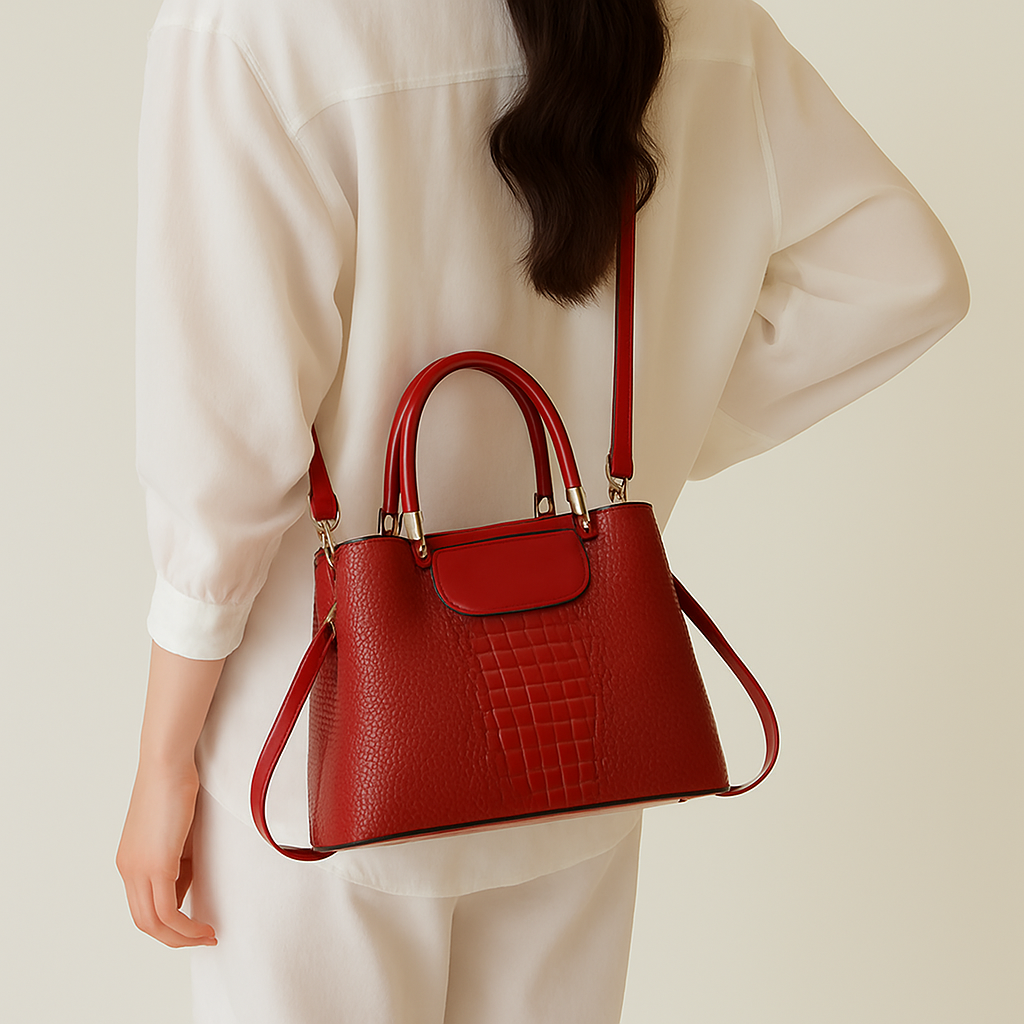 Bolso Península Rojo – Textura Cocodrilo con Doble Asa y Correa Ajustable