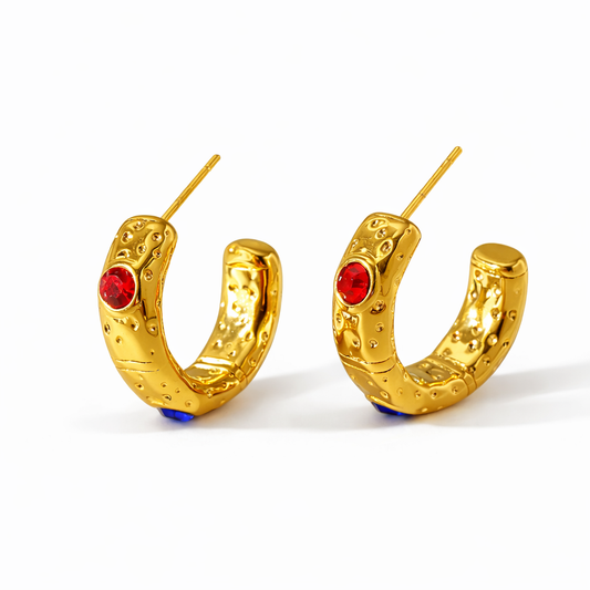 Aretes Julieta Dorados Tipo Hoops Esculturales Piedra Roja, Azul y Verde