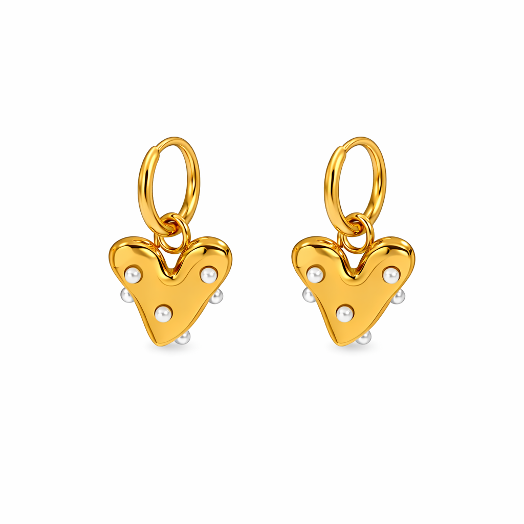 Aretes Corazón Orgánico Dorados en Hoops 12 mm con Perlas
