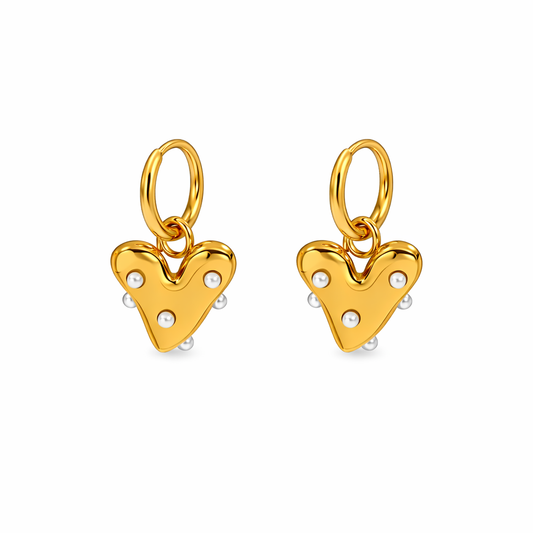 Aretes Corazón Orgánico Dorados en Hoops 12 mm con Perlas
