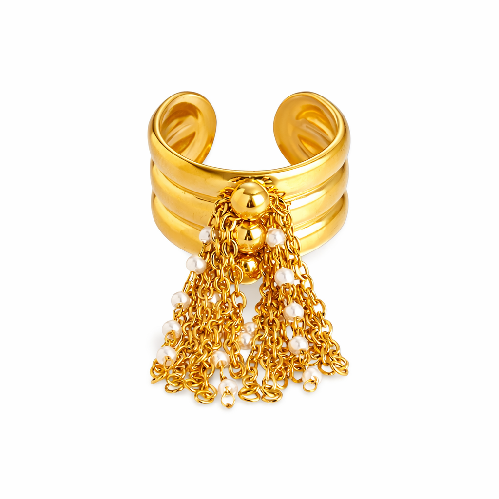 Anillo Cuff Dorado con Borla de Cadenas y Perlas Ajustable