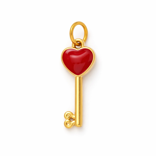 Charm Llave con Corazón Esmaltado Rojo – Acero de titanio
