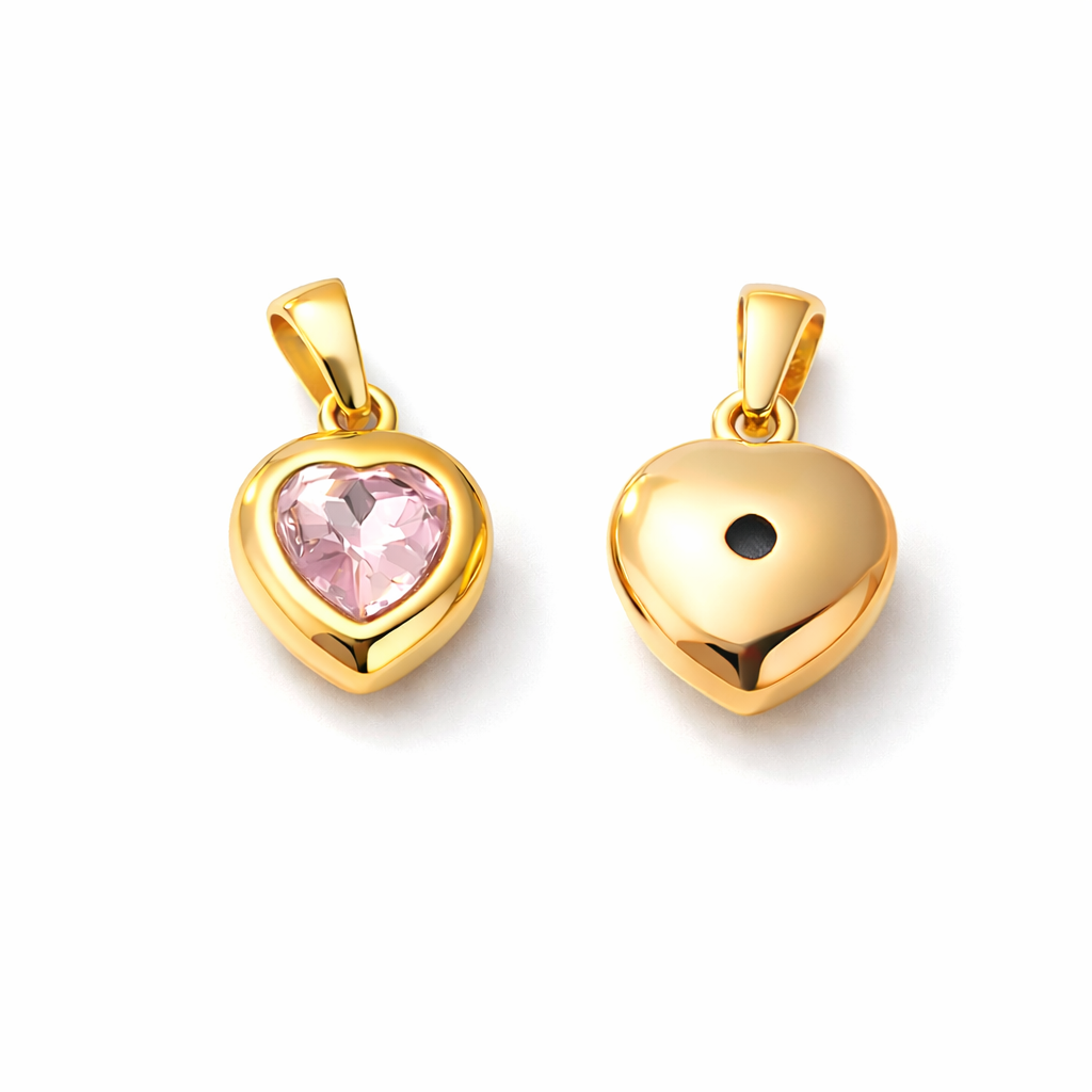 Charm Corazón Grande Dorado con Piedra Rosa  – Acero de titanio
