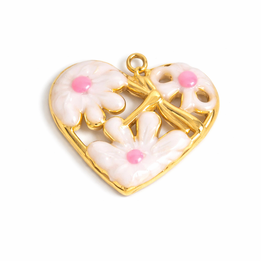 Charm Corazón Dorado con Flores Blancas