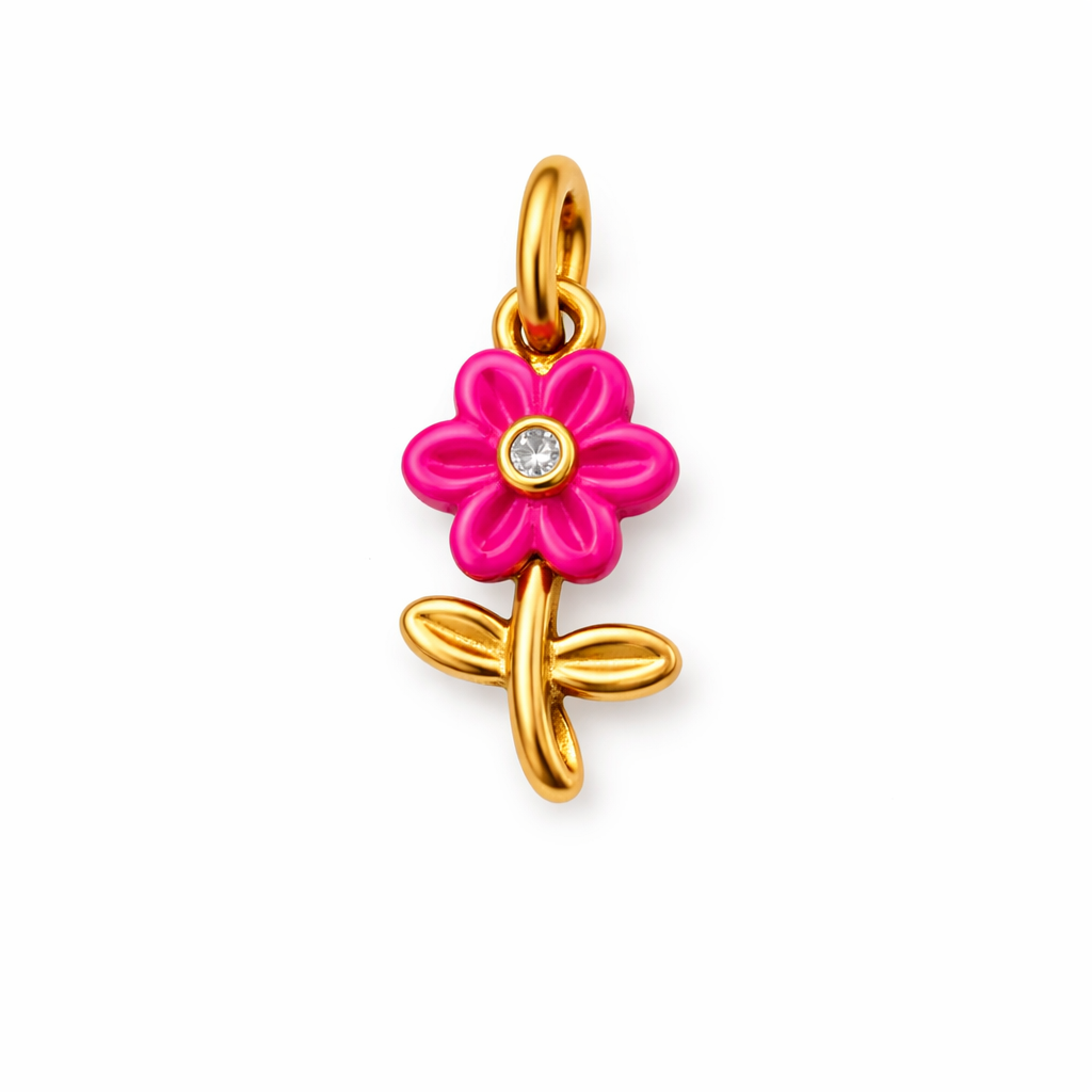 Charm Flower Pop Fucsia Dorado Acero 316L