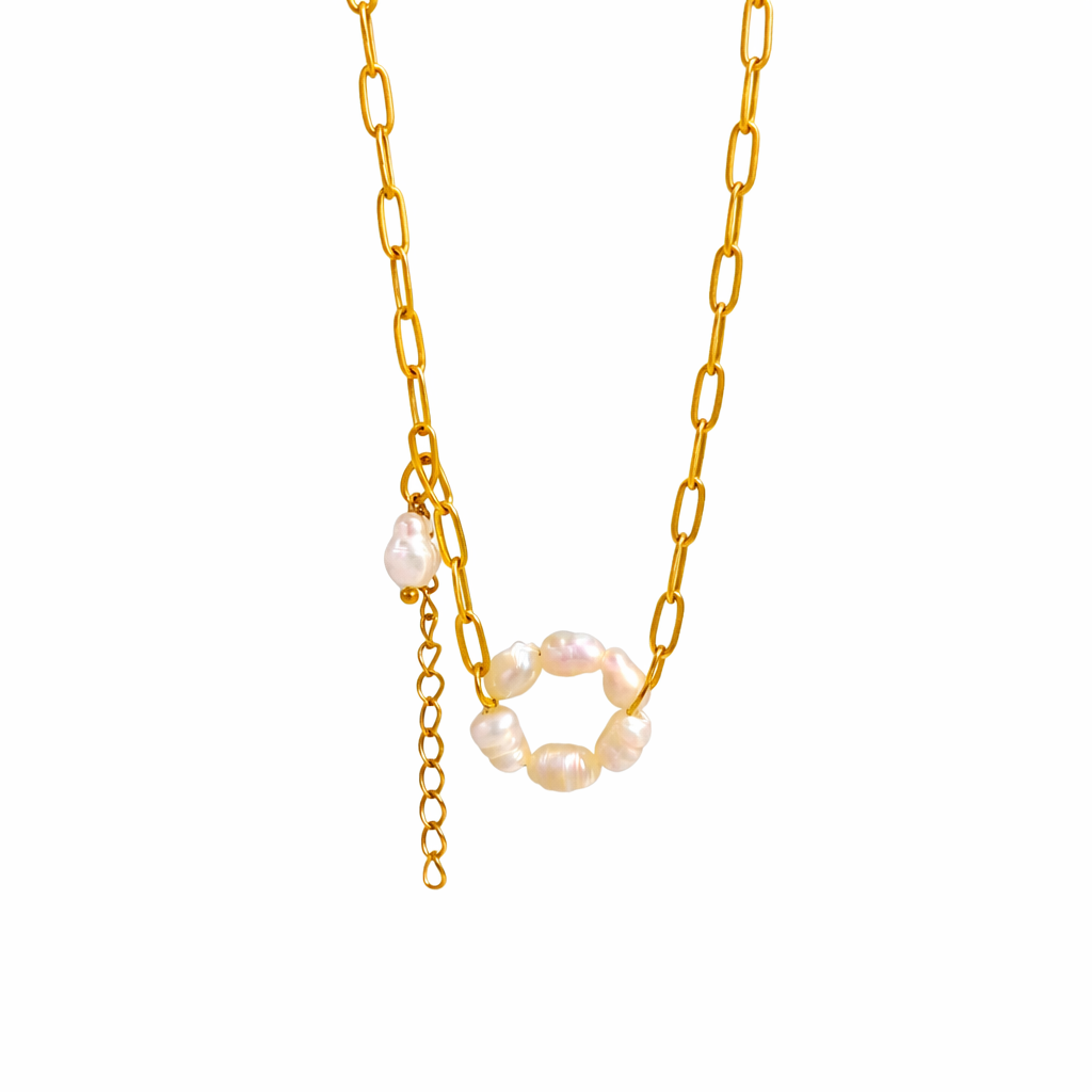 Collar Perlas Blancas Dorado con Eslabones Acero 316L
