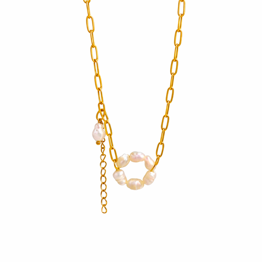 Collar Perlas Blancas Dorado con Eslabones Acero 316L