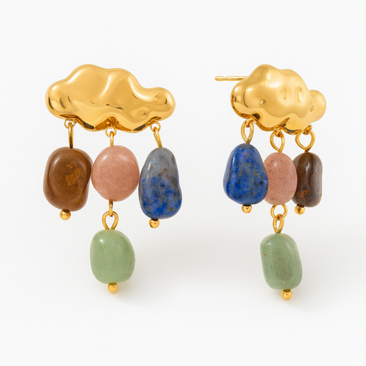 Aretes Nube – Diseño Escultórico Dorado con Piedras Naturales en Tonos Tierra y Colores Vibrantes
