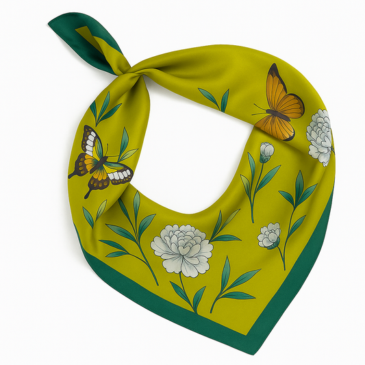 Pañuelo Alma – Seda Satinada con Diseño de Mariposas y Flores Naturales
