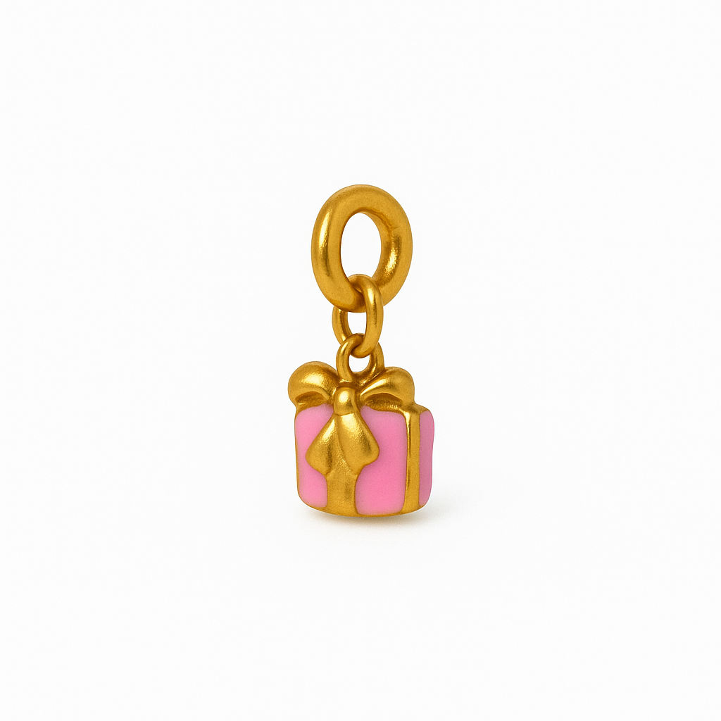 Charm Regalo – Diseño Tridimensional en Titanio Dorado con Cajita Rosa y Lazo Brillante