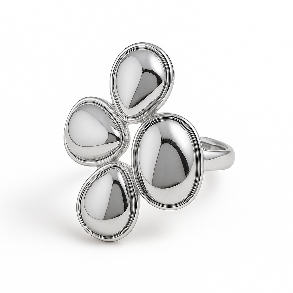 Anillo Gotas Plateadas de Acero de Titanio Diseño Ajustable con Forma Orgánica y Moderna