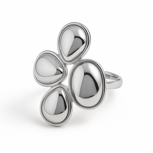 Anillo Gotas Plateadas de Acero de Titanio Diseño Ajustable con Forma Orgánica y Moderna