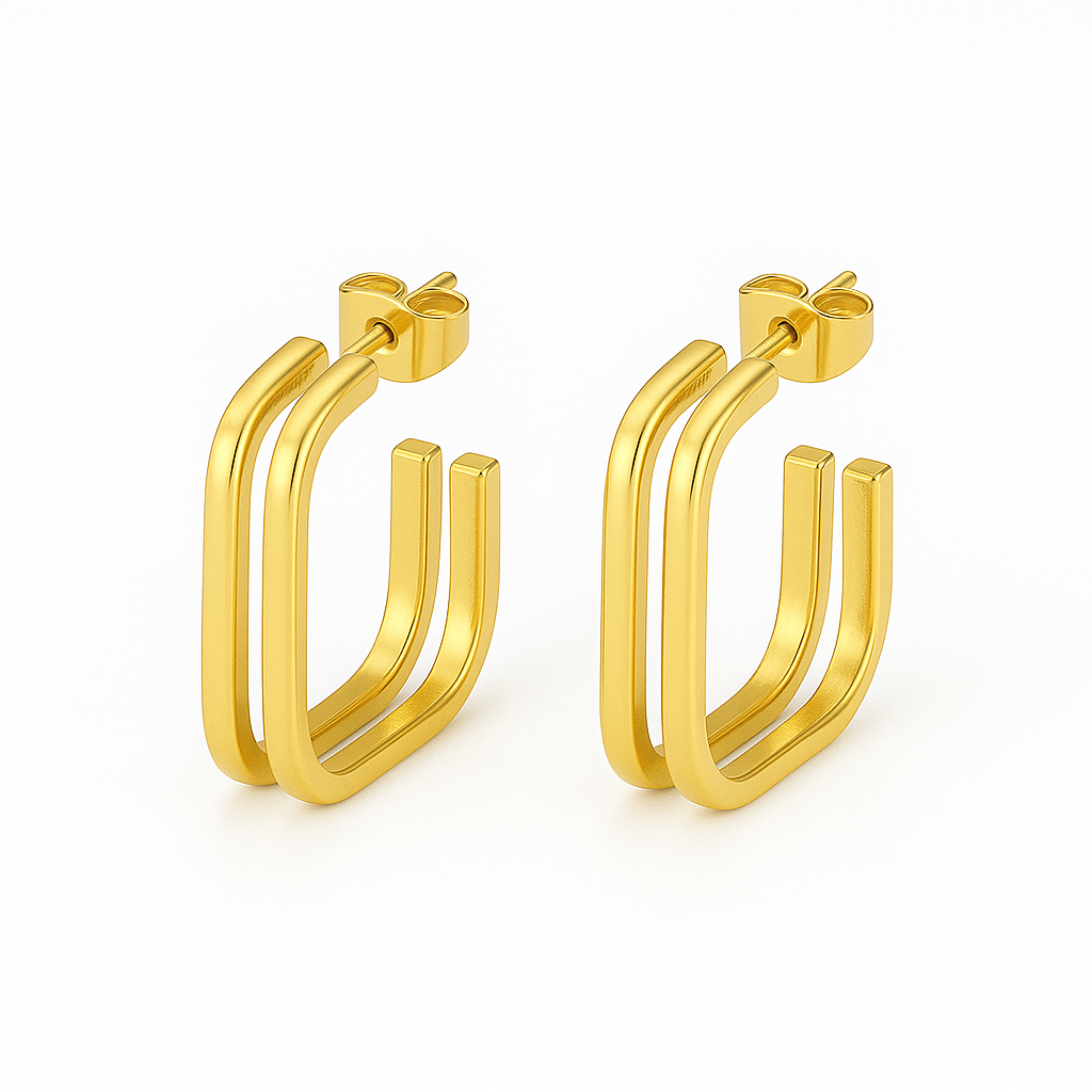 Aretes Abelina – Argollas medianas de doble aro rectangular en titanio dorado con diseño minimalista