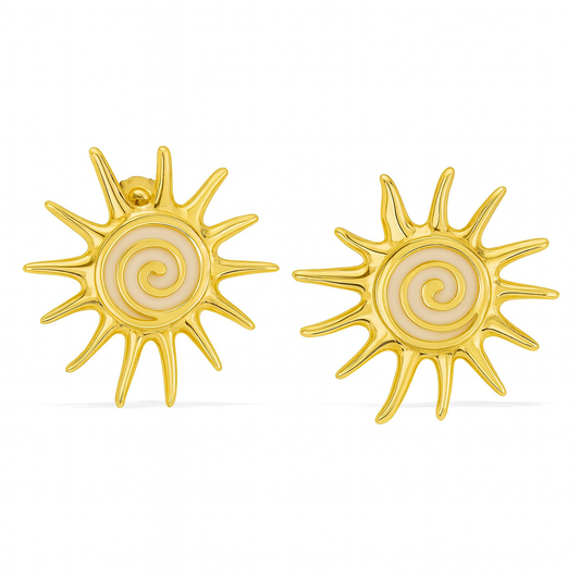 Aretes Rio de Janeiro – Sol Radiante en Titanio Dorado con Espiral en Esmalte Claro