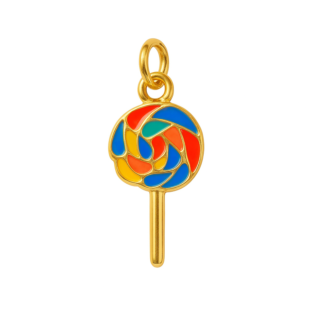 Charm Paleta de Caramelo Dorado – Diseño Circular Multicolor en Titanio con Esmalte Brillante y Detalles Dorado