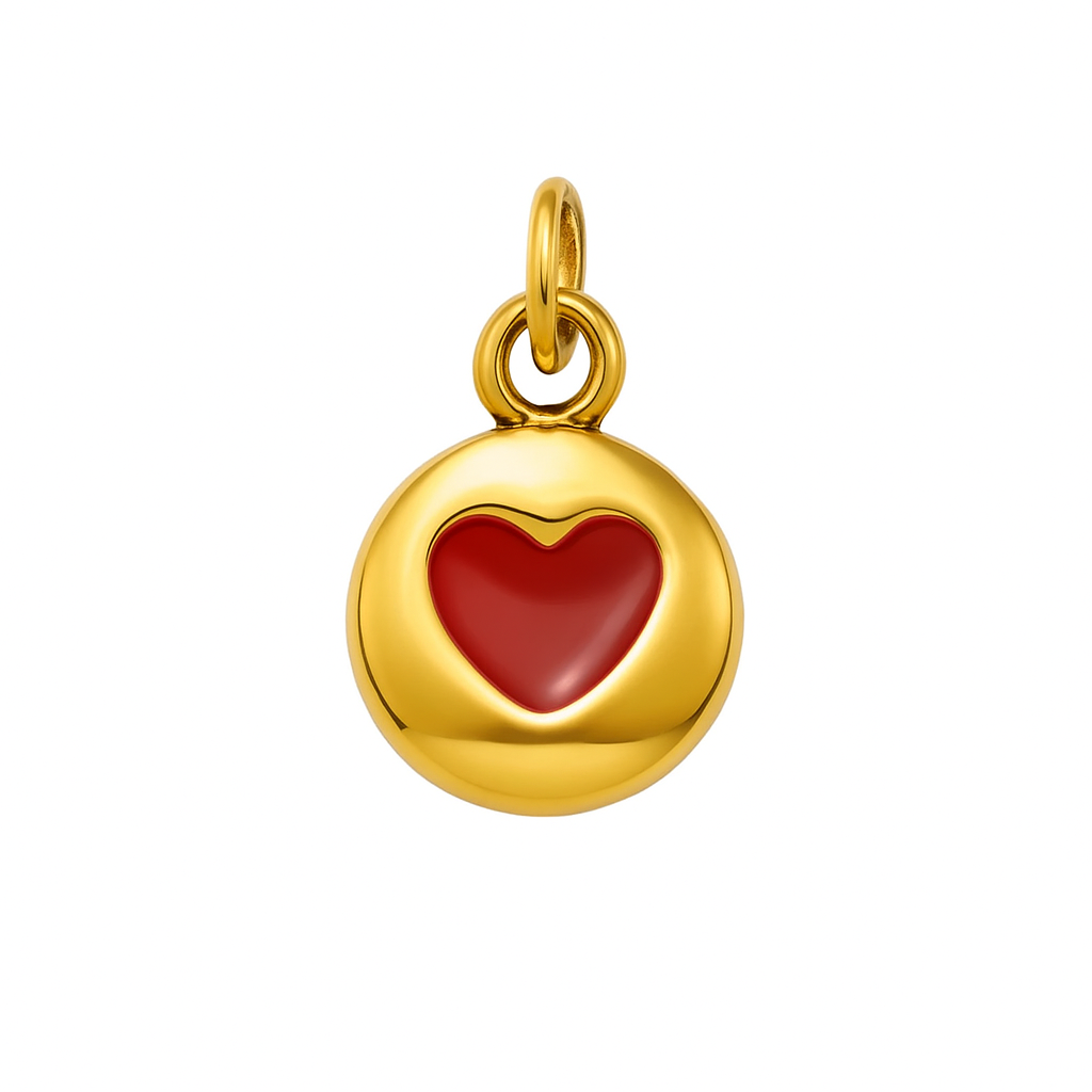 Charm Corazón Rojo Dorado – Diseño Redondo en Titanio Dorado con Esmalte Rojo Intenso y Acabado Espejo