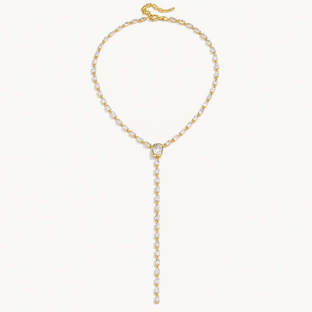 Collar Melissa Tipo “Y” Dorado – Diseño Glamuroso en Titanio con Circonitas Engastadas y Piedra Central