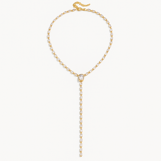 Collar Melissa Tipo “Y” Dorado – Diseño Glamuroso en Titanio con Circonitas Engastadas y Piedra Central