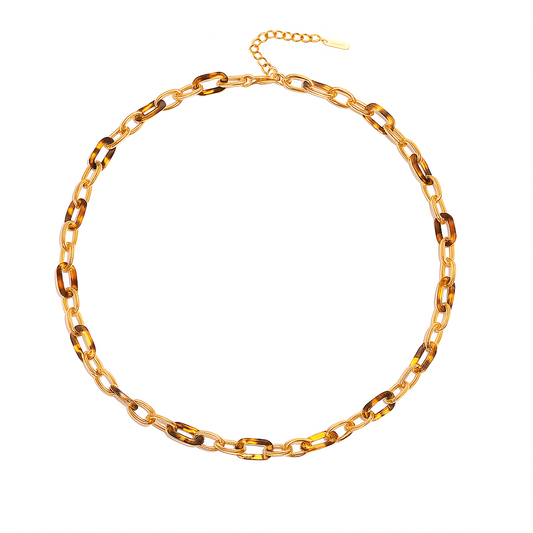 Collar Animal Dorado y Carey – Diseño Moderno con Eslabones Mixtos en Titanio y Efecto Carey Ámbar