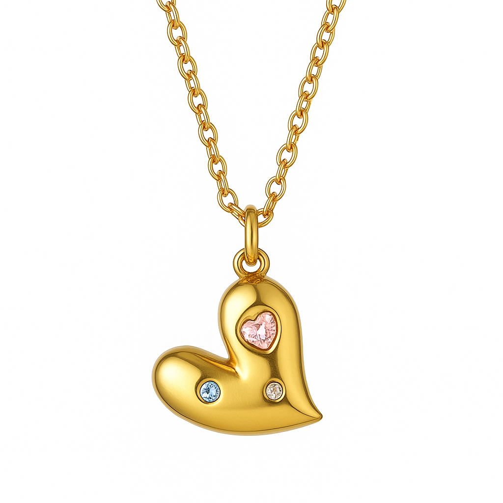Collar Amores Dorado – Diseño Romántico en Titanio con Corazón Asimétrico y Piedras Multicolor