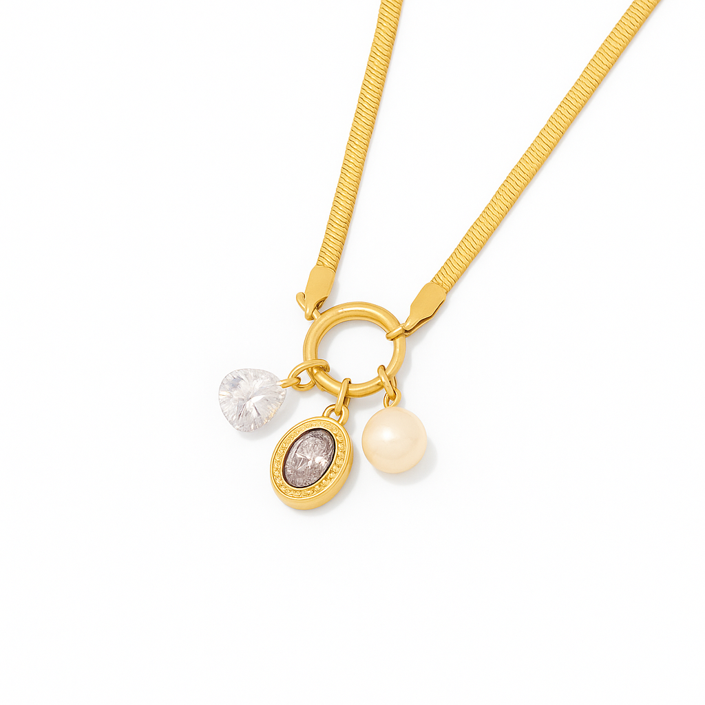 Collar Mel Dorado – Diseño Contemporáneo en Titanio con Circonita, Piedra y Perla Blanca