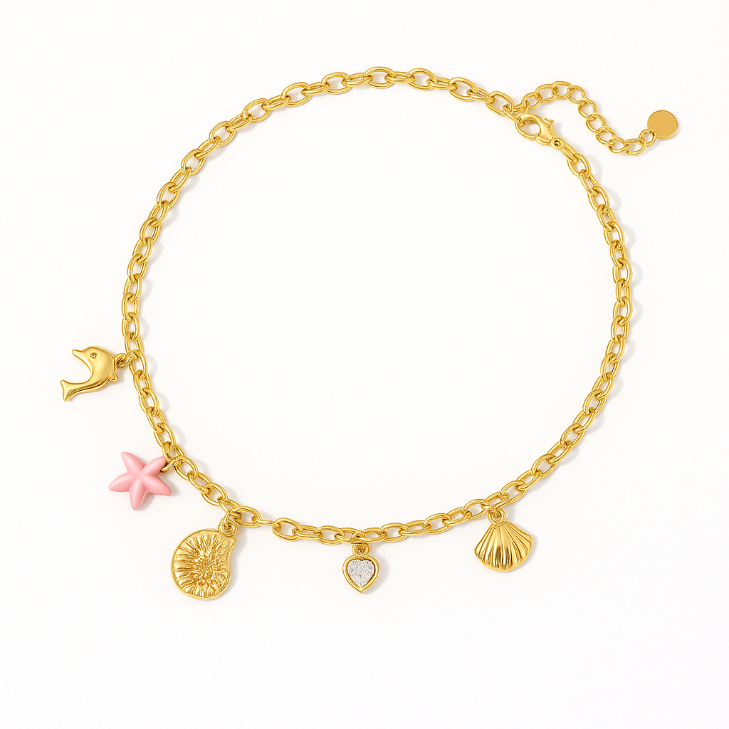 Collar Oceánico Dorado – Diseño Veraniego con Charms Marinos en Titanio Dorado Brillante