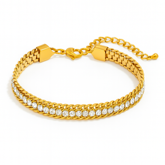 Brazalete Aluche Dorado con Perlas Blancas Transparentes – Acero de Titanio Ajustable