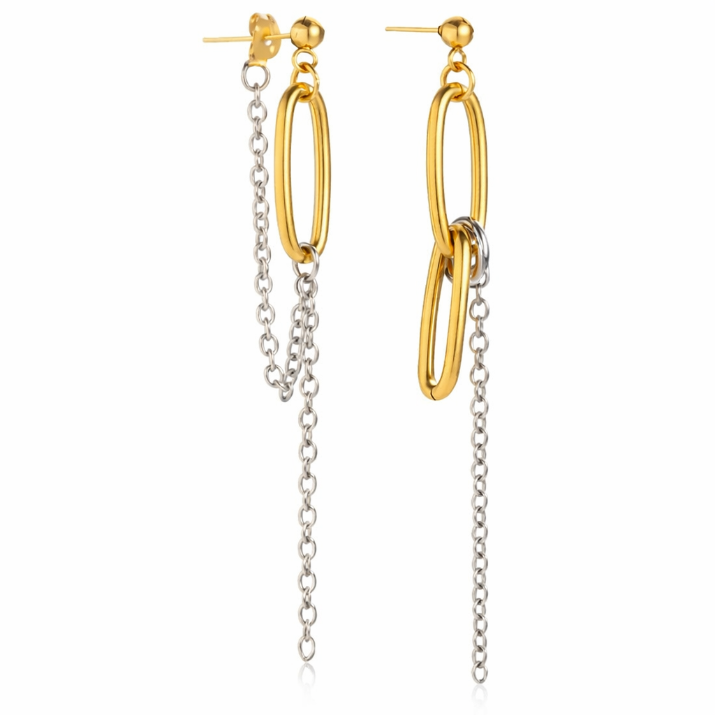 Aretes Martina Largos Dorados con Cadenas Plateadas Diseño Contemporáneo