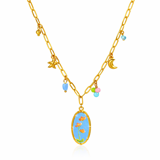 Collar Juventud Dorado con Dije Floral Azul y Charms