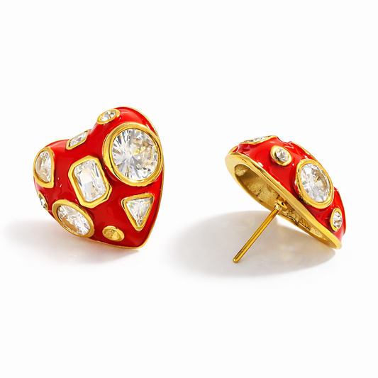 Aretes Corazón Grandes Rojos Tipo Stud con Cristales