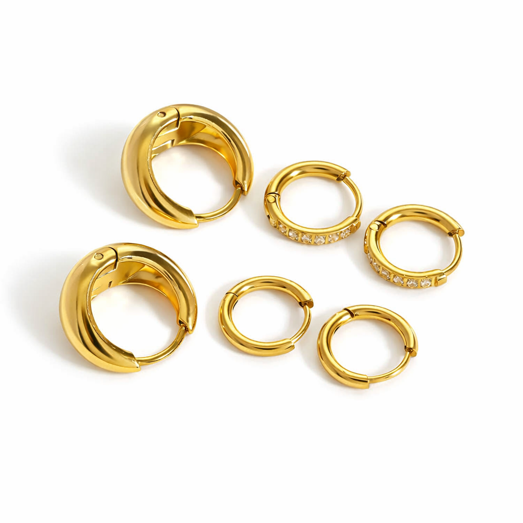 Set Argollas Doradas Clásicas con Circonias Acero 316L